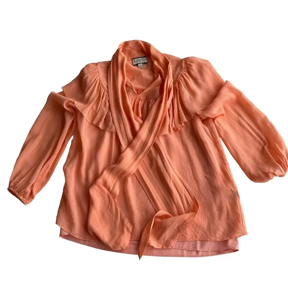 J Crew Silk Chiffon Ruffle Puff Sleeve Tie Neck Girlcore Lined‎ Peach Blouse S
